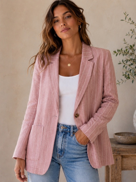 Reitmans Jackets & Blazers - Linen Blend Dusty Rose Pinstripe Oversized Blazer